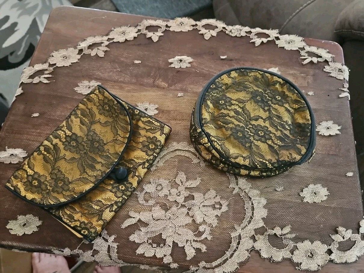 Vintage Satin Hosiery Case Yellow Black Lace Stocking Travel Bag Cosmetic + 50s