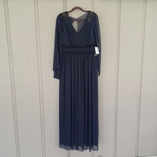 Adrianna Papell Embellished Shoulder Tulle Long Dress SZ 12 Women Feminine Navy