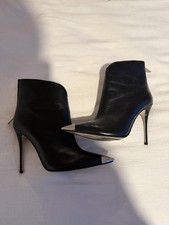Saks Fifth Avenue Black Leather Pointed Toe Stiletto Ankle Booties Metallic Toe