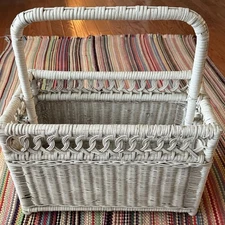 Vintage Shabby Chic White Wicker Magazine Rack With Divider And Handle