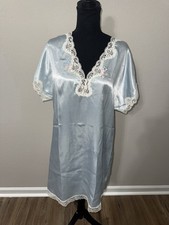 Vintage Delicates Satin Nightgown M Blue Pastel Floral Lace Chemise Sleepwear