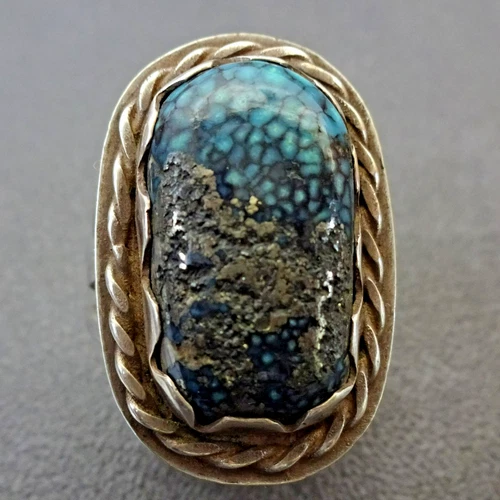 Vintage MORENCI SPIDERWEB TURQUOISE with PYRITE Sterling Silver RING size 8.75