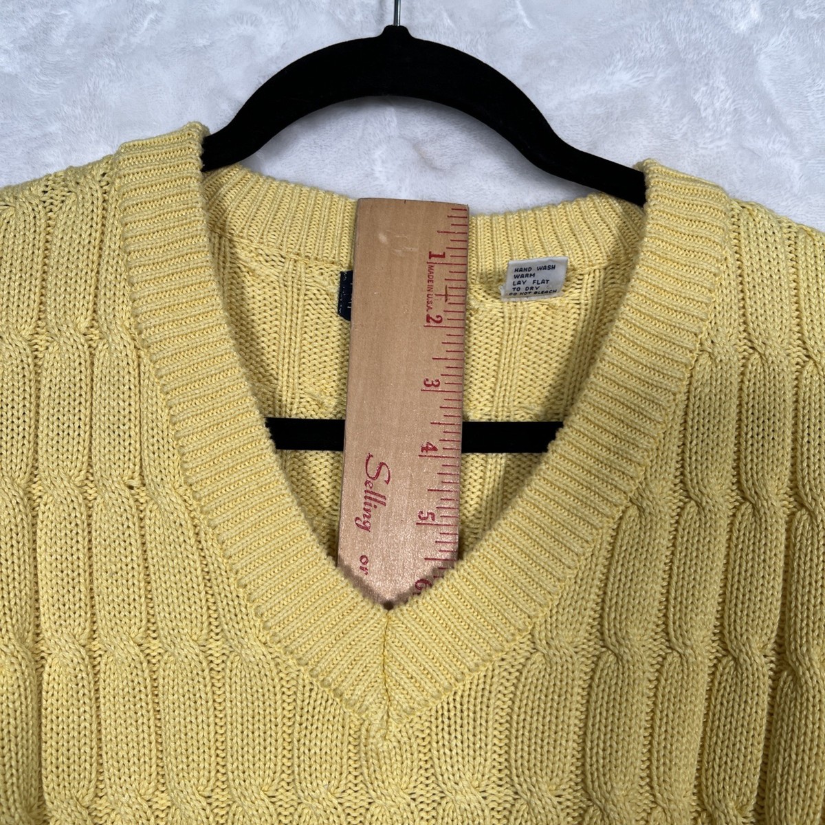 Vtg Lands End direct merchants chunky cable knit yellow V-neck cotton Sweater View 4