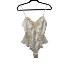 Victoria's Secret Vintage Ivory Satin Lace Sequin Ruffle Teddy Bodysuit Lingerie