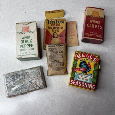  Rare Vtg Spice Box Lot - Ann Page, Bell s Seasoning, Tintex Ecru Curtain Dye