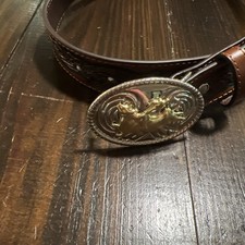 Nocona Tooled Western Belt Size 26 Brown Leather Ornate Cowboy Buckle Bullrider