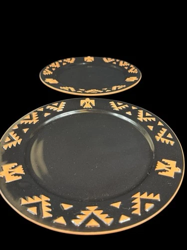 Frankoma Native American Black Dinner Plate 10.5" Thunderbird Southwest Set of 2