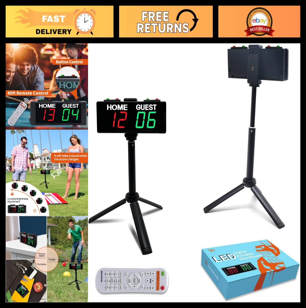 Portable Digital Scoreboard Timer with Remote - Battery Powered, Outdoor Game Sc