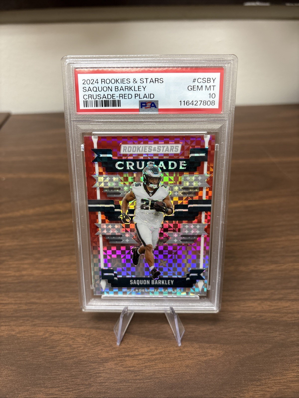 2024 PANINI ROOKIES & STARS CRUSADE RED PLAID #CSBY SAQUON BARKLEY PSA 10 view 1