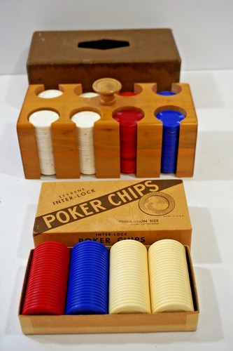 Vintage Poker Chips Wooden Holder & Box of Drueke Styrene Interlock Poker Chips