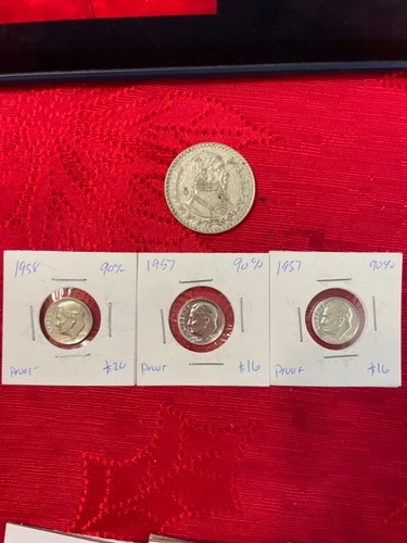 Two 1957, One 1958 Proof dimes with a 1962 Silver Mexican Peso