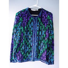Vintage Laurence Kazar Blue Purple Green 100 Silk Sequin Beaded Jacket Size L