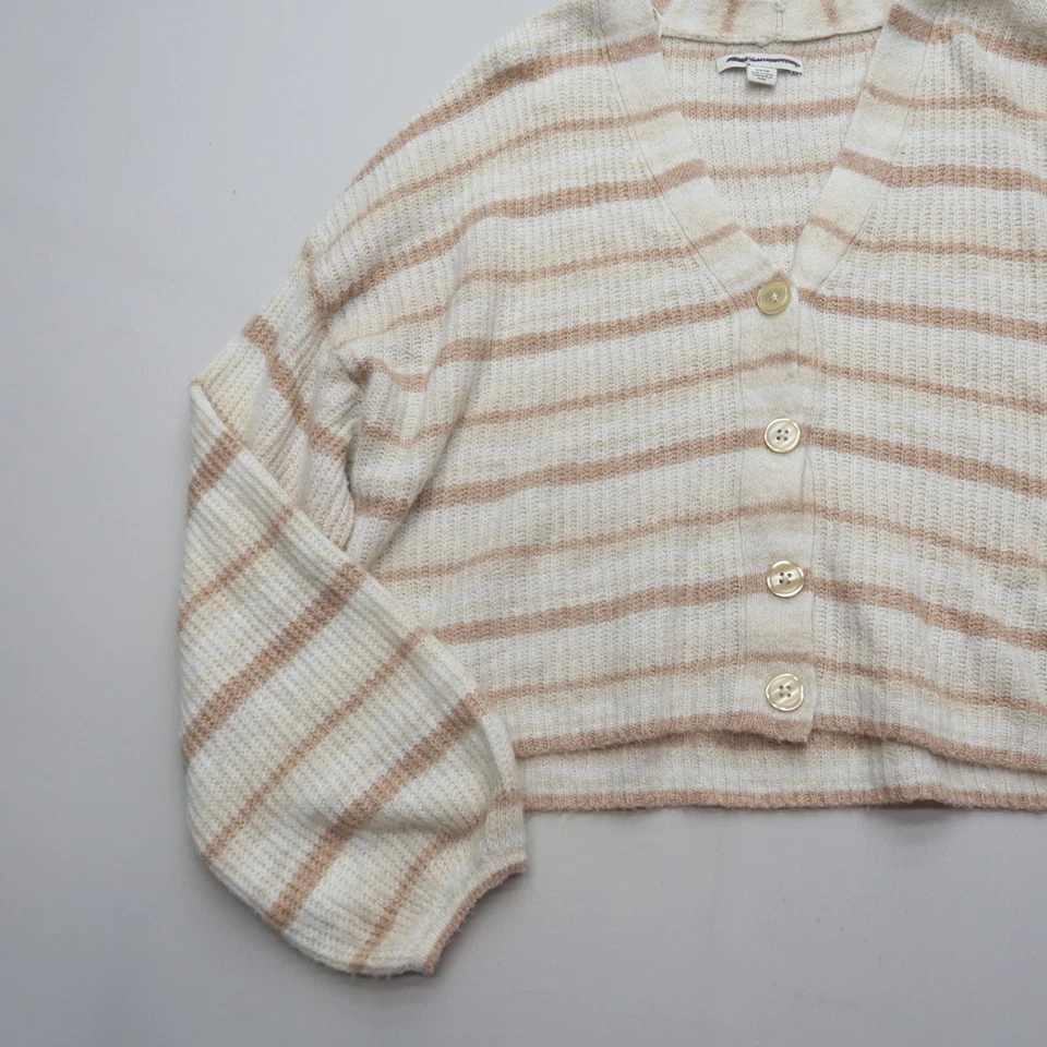 Cárdigan con botones a rayas beige talla pequeña suéter American Eagle para mujer Foto 4 de 4