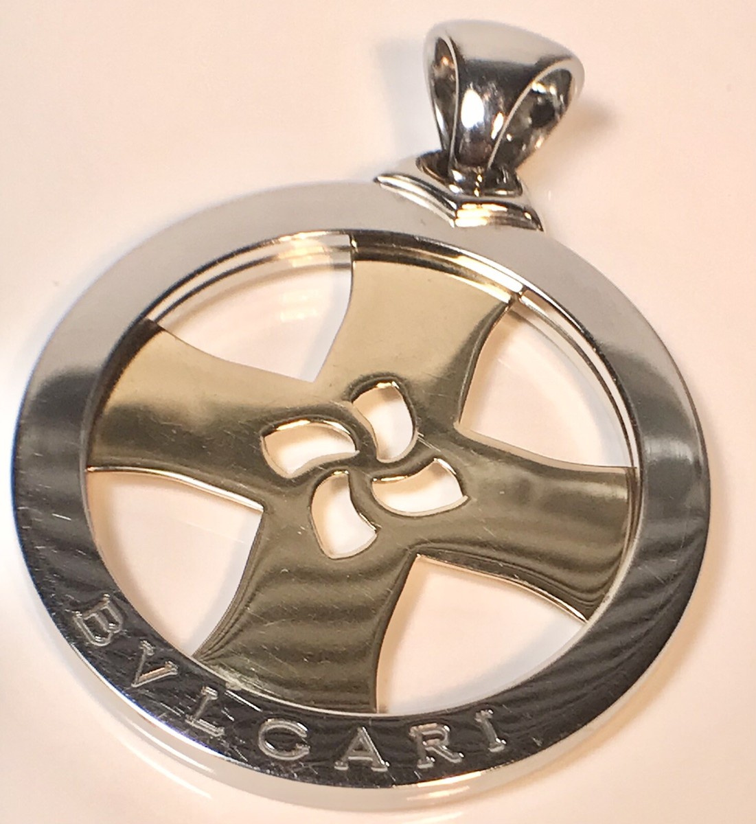 BVLGARI 18K YELLOW GOLD STEEL DISC 2 1/4” TONDO CROSS PENDANT PLSE