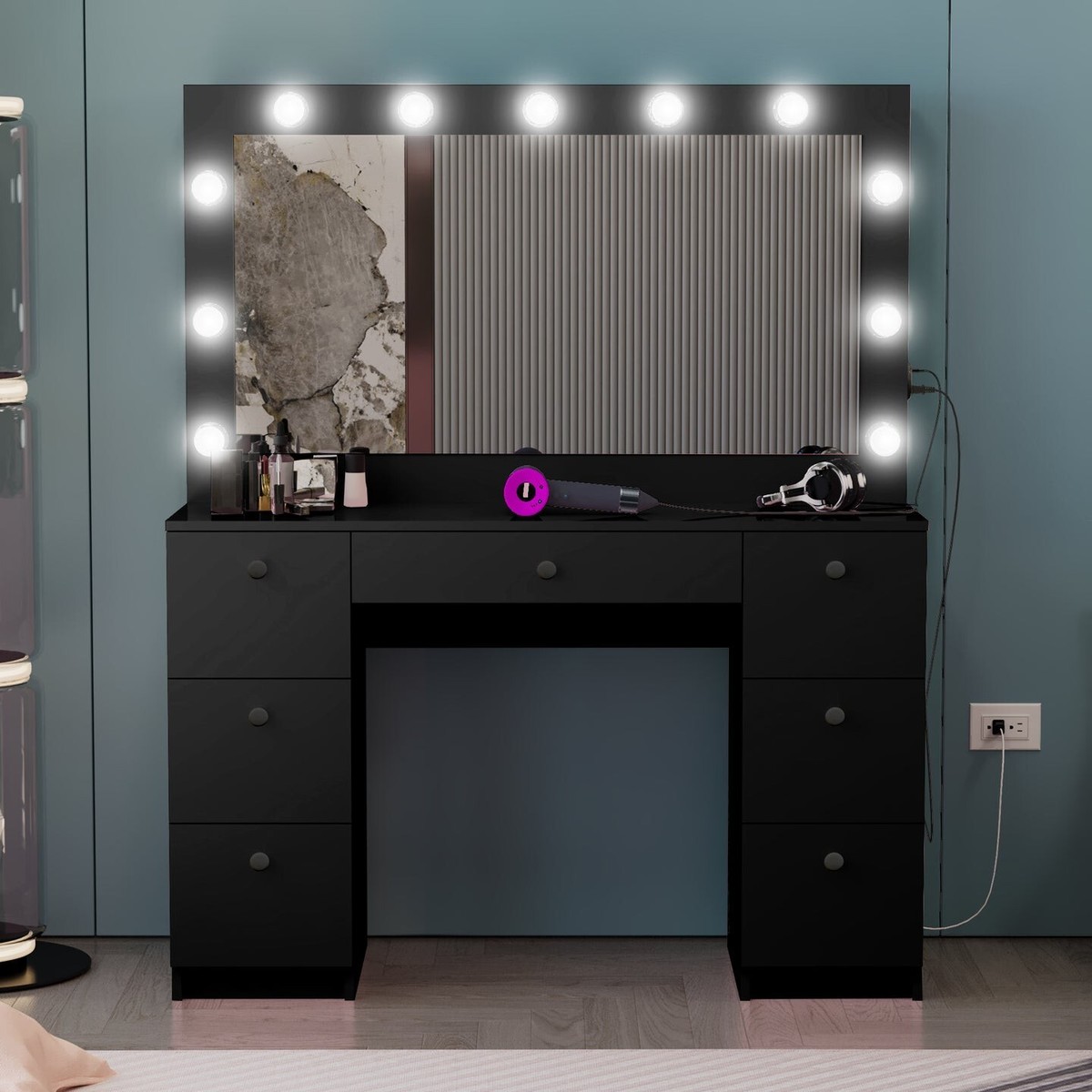black dressing table with mirror and lights Adeline Makeup Vanity Table with LED Mirror in Black  Luxo Living
