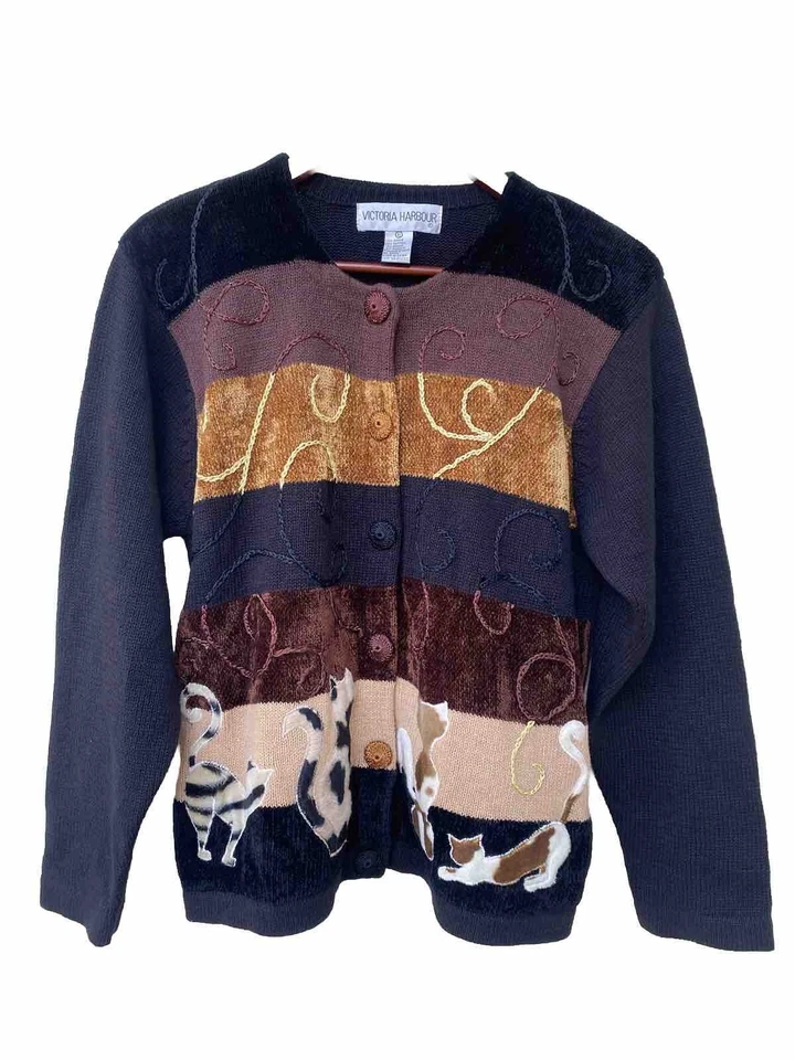复古 Victoria Harbour 女式开衫 3D 纹理玩猫毛衣 XL 秋季 — 第 2/4 张图片