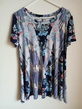 Frumos Tunic Top Blue Floral Short Sleeve Mixed Print Size 1XL