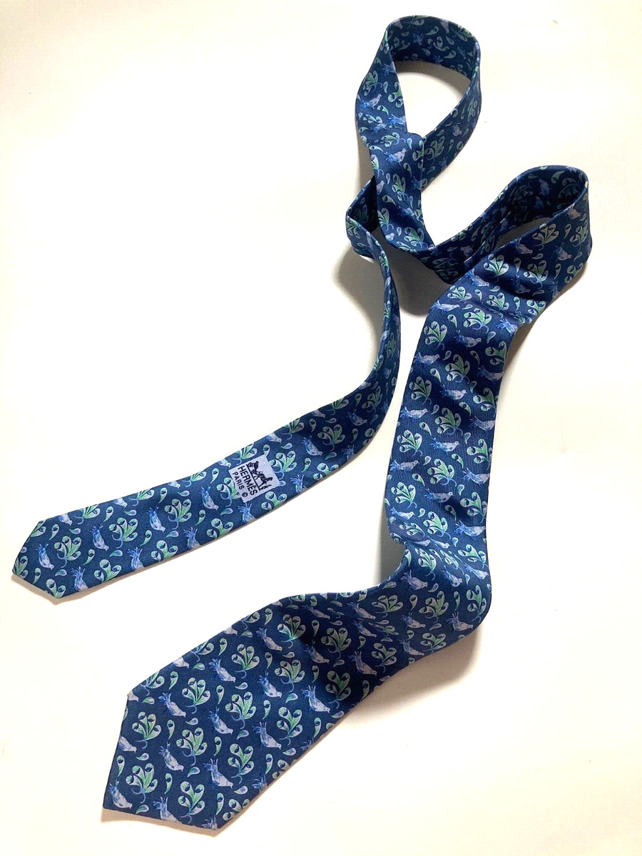 HERMES VINTAGE BIRD TRUMPET FLOWER TIE WILD PLANT NATURE HIGH END FRANCE BLUE View 3