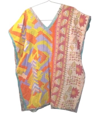 Kantha Patchwork Kimono V-neck Poncho Top Colorful Patch Pockets Woman One Sz #B