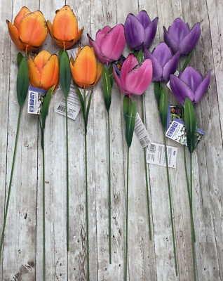 Set of 10 Alpine Home & Garden Colorful Metal Tulip Garden Stakes, 3 Colors