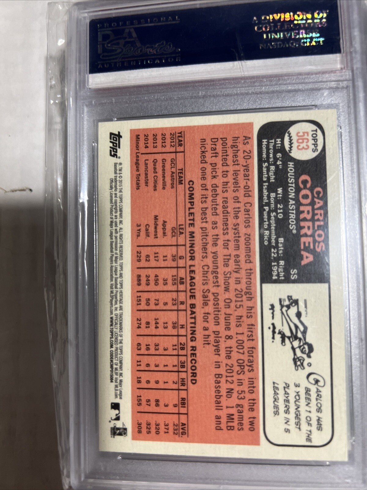 Carlos Correa 2015 Topps Heritage Rookie Card PSA 10 view 2