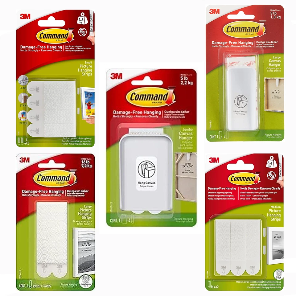 3M Command Strips Large Medium Small Damage Free Picture/Poster/Canvas Hanging