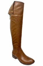 Lunar Ladies Womens Brown Leather Over Knee High Long Biker Zip Up Boots Size 6
