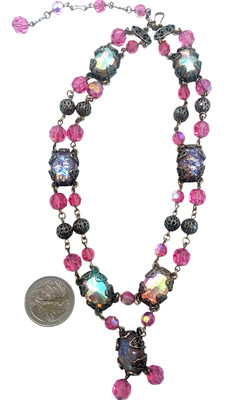 Superb Vendome Attr Inverted Watermelon Stone, Art Glass & Crystal Bead Necklace