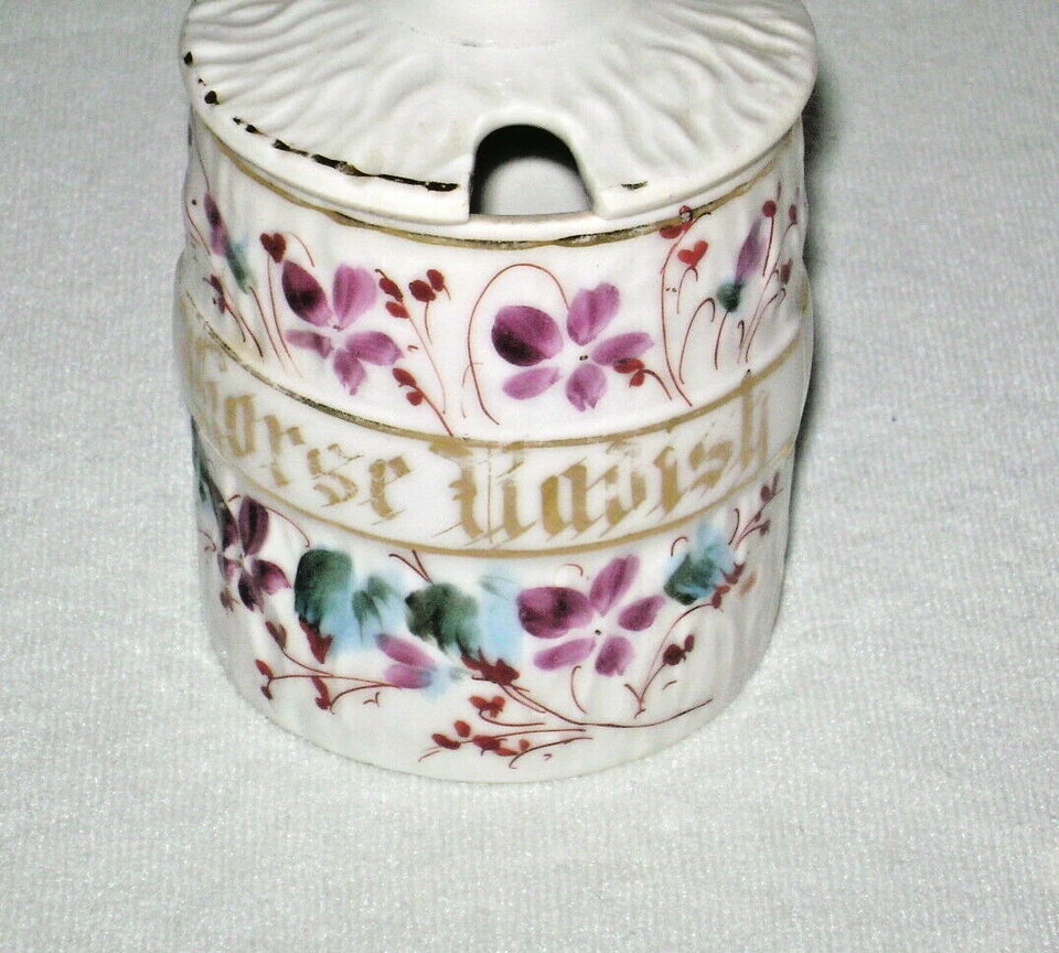Antique Victorian Era Porcelain Horseradish Jar Purple Violet Flowers - Image 2 of 4