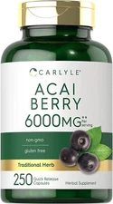 Acai Berry Capsules | 6000mg | 250 count | Non-GMO & Gluten Free | by Carlyle