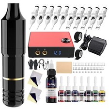 PROFESSIONAL Wireless Tattoo Machine Kit Rotary Cartridges Pen Needles RCA Cord