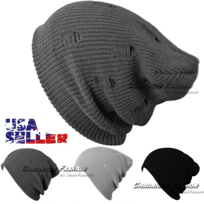 Mens Distressed Knit Beanie Hat Skull Cap Slouchy Stretch Fit Winter Warm Women