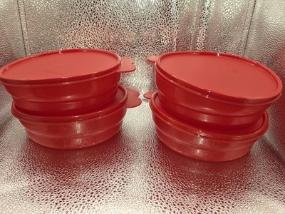 TUPPERWARE Red CEREAL BOWLS Food Storage Containers 8oz Snap Lids Set of 4