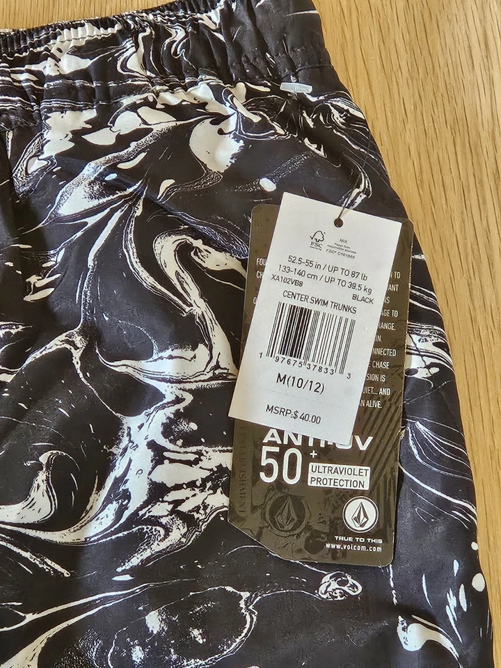 VOLCOM Boys M (10/12) Board Center Swim Trunks Shorts Mesh Lined Black White - Image 2 of 4