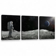 Astronaut Moon Wall Art Set of 3 Earth Space Canvas Galaxy Sci Fi Home Decor