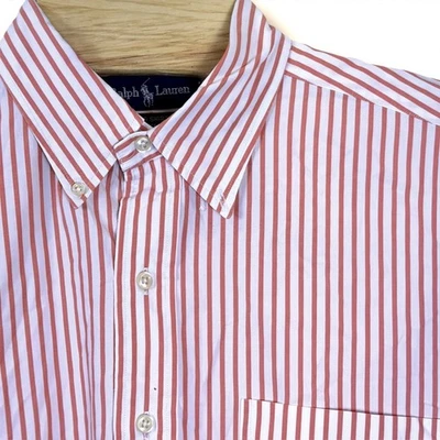 Ralph Lauren Big Button Down Poplin Shirt Men L Peach White Pin Striped Pocket - Image 1 of 4