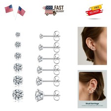 6 Pairs Stud Earrings Set, Hypoallergenic Cubic Zirconia 316L Earrings Stainl...