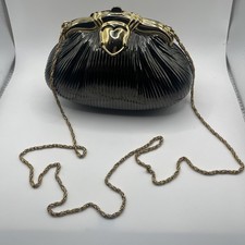 Vintage Gold Tone Hard Shell Clam Clutch Evening Bag Chain Purse Push Top Open