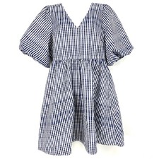 Madewell 10 Poplin V Neck Bubble Sleeve Mini Dress Navy Plaid