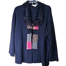 Cardigan Boho Fringe Collar Black with Multicolor Front Patchwork Size Medium