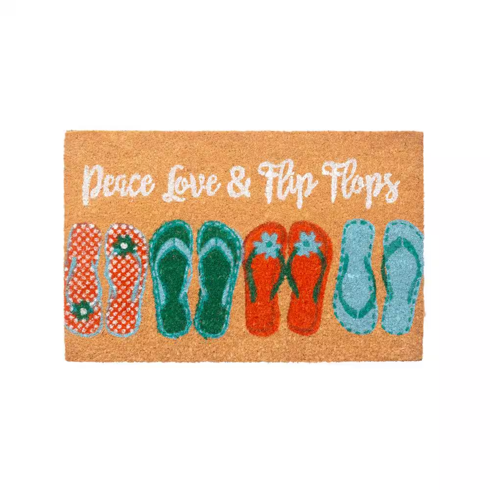 Peace Love and Flip Flops Teal/Orange/Natural 18 In. X 28 In. Coir Door Mat