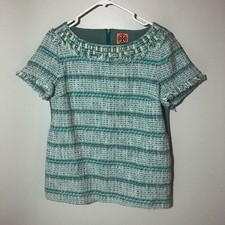 Tory Burch Joan tweed fringe embellished top sea green and blue womens 12