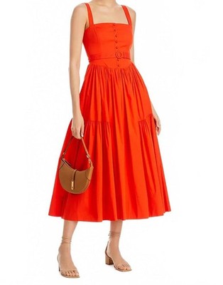 $445 NWT Cinq à Sept Amber Tiered Midi Sun Dress Size 10 Medium Orange Red