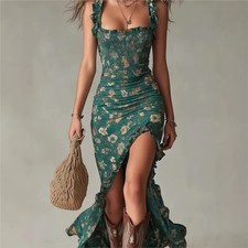 Women Elegant Floral Beach Vacation Streetwear Sexy Low Cut Beach Party Slim Sli