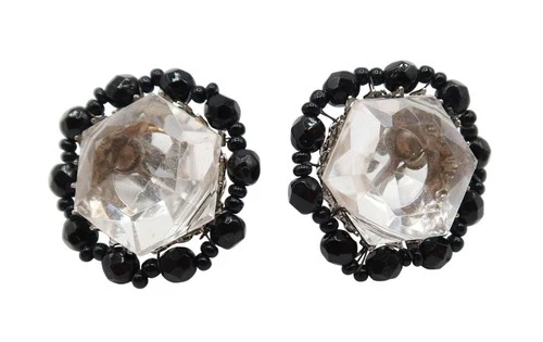 MIRIAM HASKELL Clear Faceted Lucite Black Glass Bead Clip Screw On Earrings