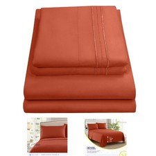 Queen Sheet Set with Built-in Elastic Straps - Soft Microfiber, Rust, 4-Piece
