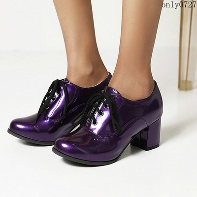 British Women's Round Toe Lace Ups Oxfords Casual College Mid Block Heel Shoes