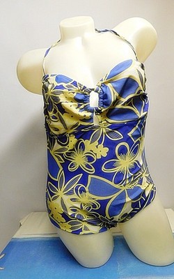 M & Co Neckholder Badeanzug Gr. 44 Blau Gelb Blumen Brust Gefüttert