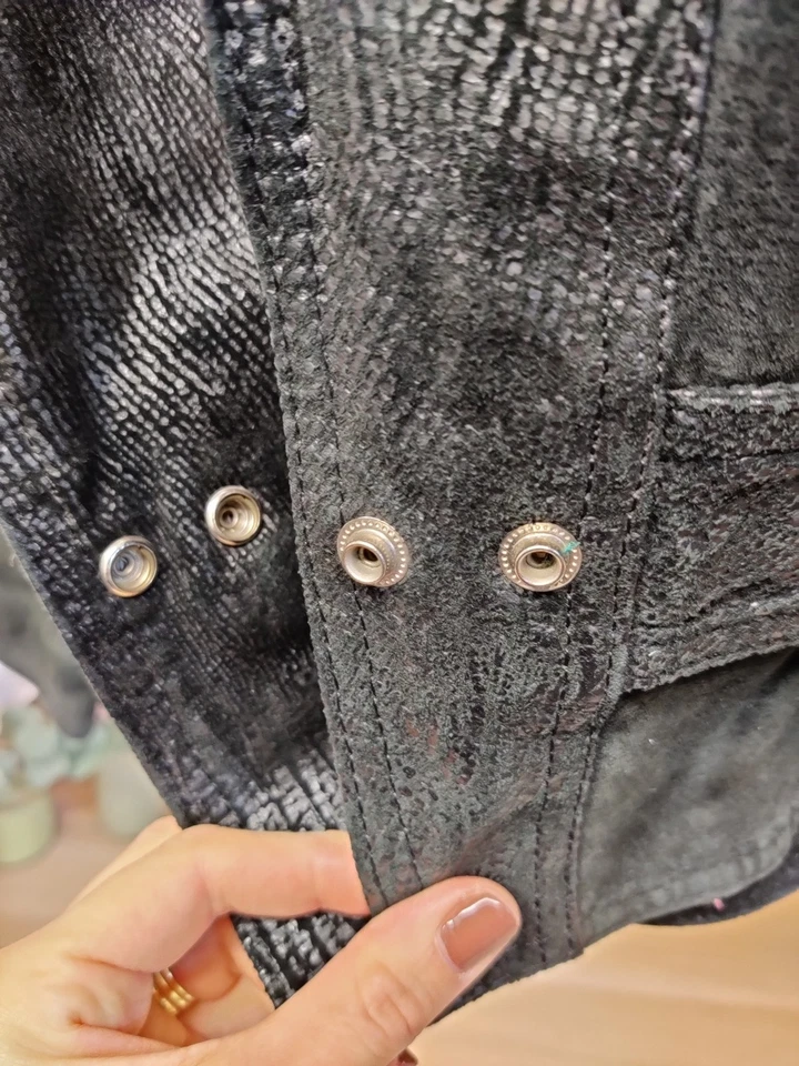 VINTAGE BERMANS LARGE BLACK COAT JACKET LEATHER 80'S CROPPED POPPER UK 14 - Image 3 of 4