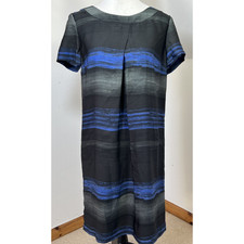 Great Plains Shift Dress Size M Blue Black Striped Tunic Pleated Dark Academia